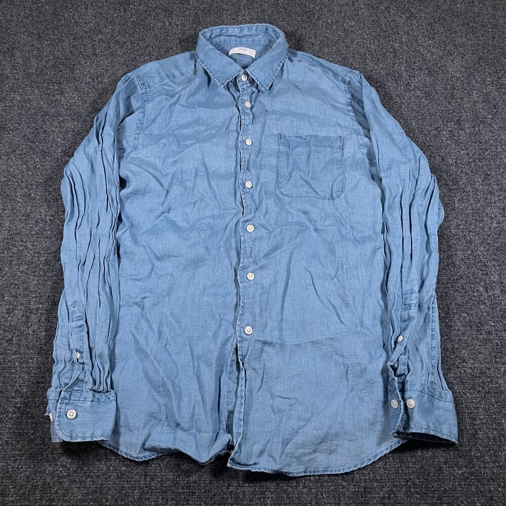 Uniqlo Shirt Mens L 100% Linen Blue Long Sleeve Button Up